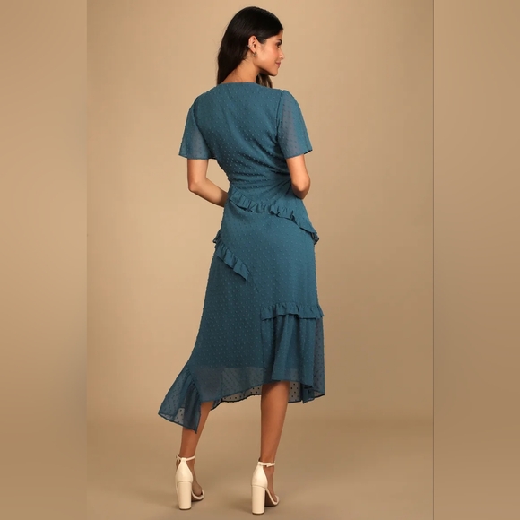 Elegant Slate Blue Swiss Dot Ruffled Midi Dress - Picture 14 of 14